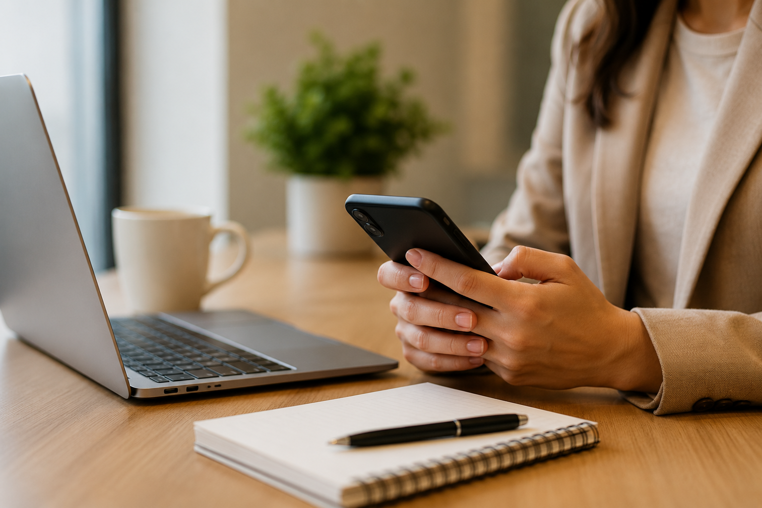 Persona utilizando un teléfono móvil en un entorno de trabajo